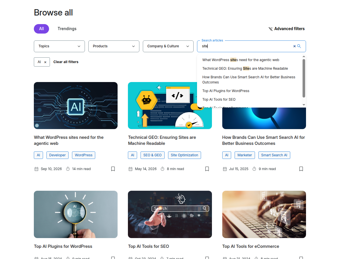 Custom WordPress Query Loop featuring search, filters, active filter tags, dropdown sorting, and a dynamically updated results list.